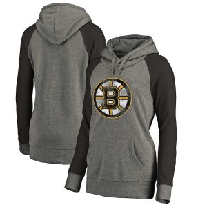 Fanatics Branded Boston Bruins Women’s Gray/Black Distressed Team Logo Raglan Pullover Hoodie