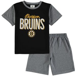 Boston Bruins Fanatics Branded Toddler Nostalgia Poly Two-Piece T-Shirt & Shorts Set – Black/Heathered Gray