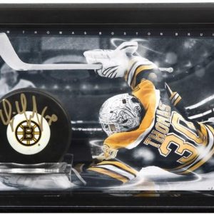 Tim Thomas Autographed Boston Bruins Logo Puck with 8×10 in Horizontal Curved Acyllic Display – Limited to 50